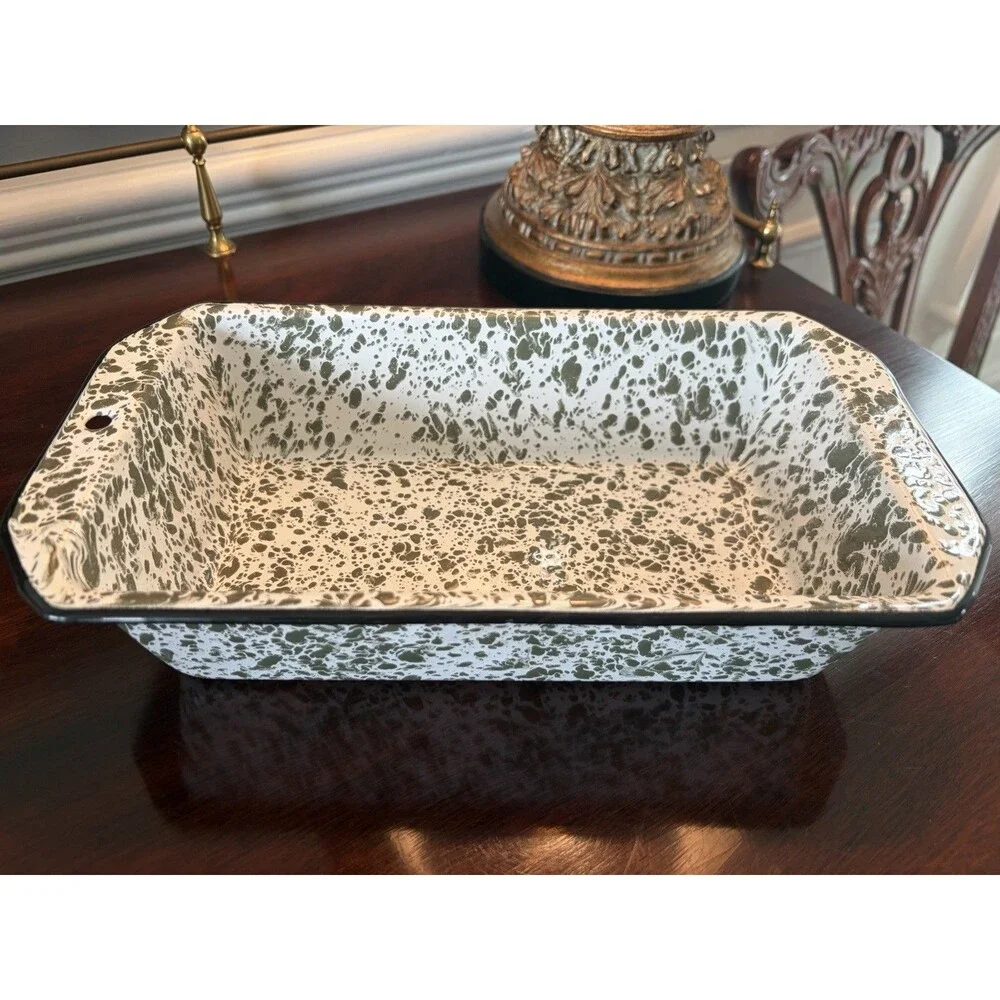 Vintage Olive Green and White Splatterware Enamelware Loaf Pan Excellent